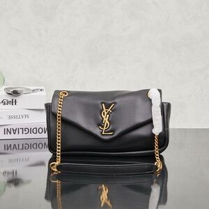 Saint Laurent Black Leather Shoulder Bag with Gold YSL Logo and Chain